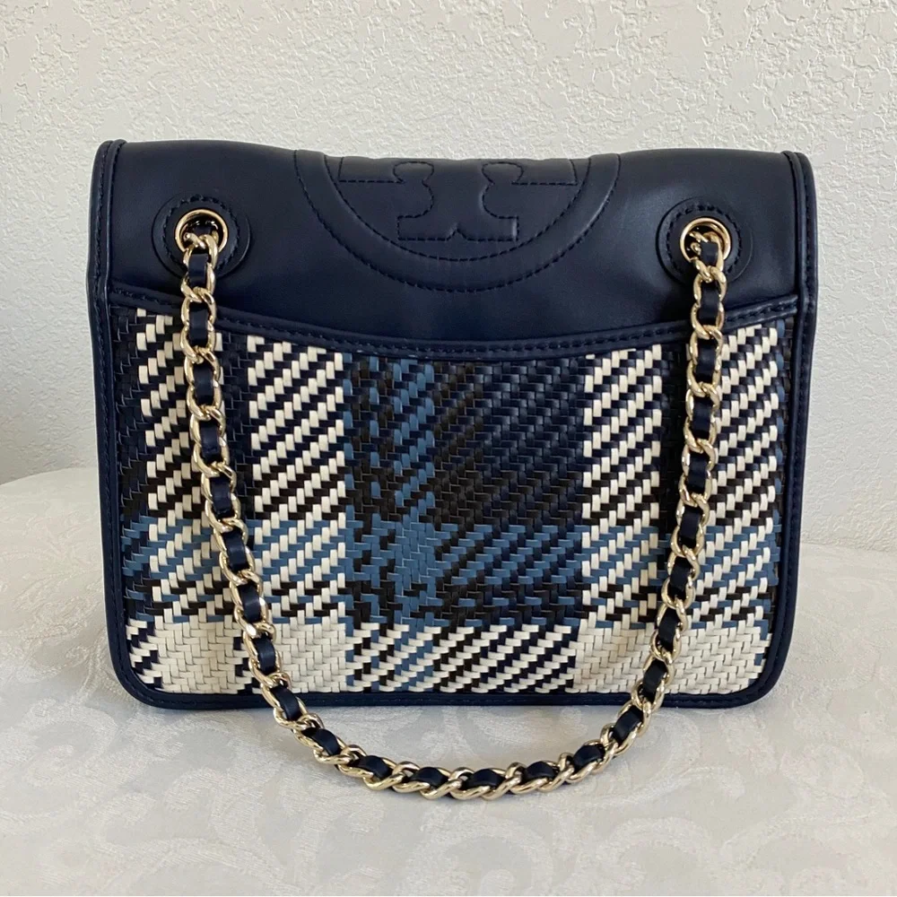 Tory Burch navy woven chain strap bag